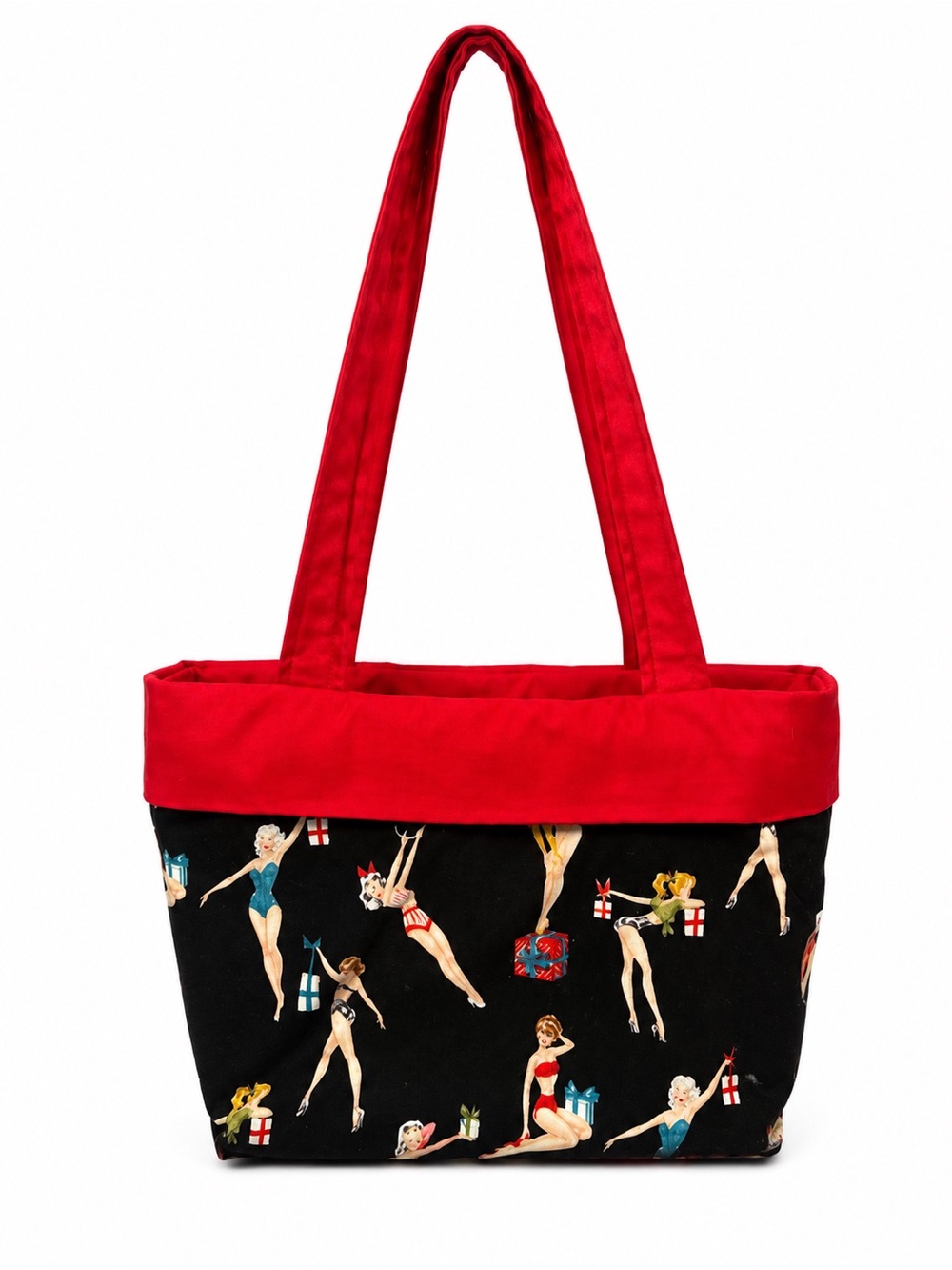 Women’s Red and Black Tote Bag with Vintage Pin-Up Print